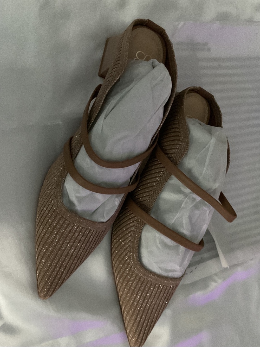 Strappy Pointed-Toe Sparkle Mules in Taupe
